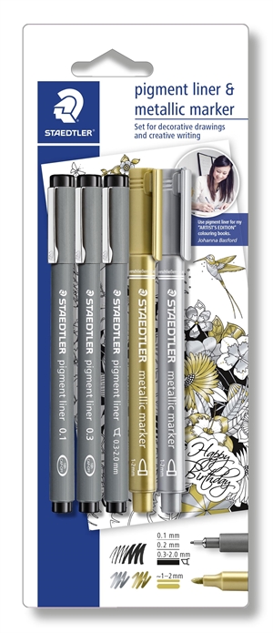 Staedtler Fineliner pigment liner zwart + zilver en goud (3+2)